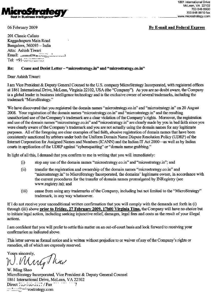 MicroStrategy Cease and Desist