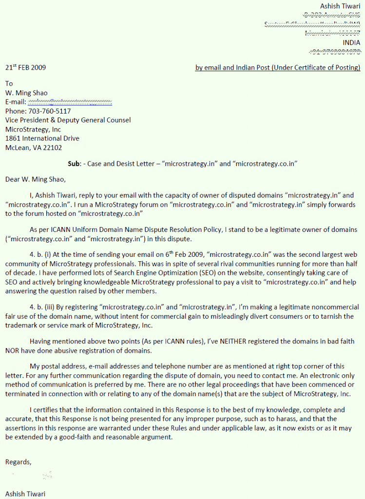 MicroStrategy Cease and Desist REPIED MicroStrategy Ceased and Desist REPIED